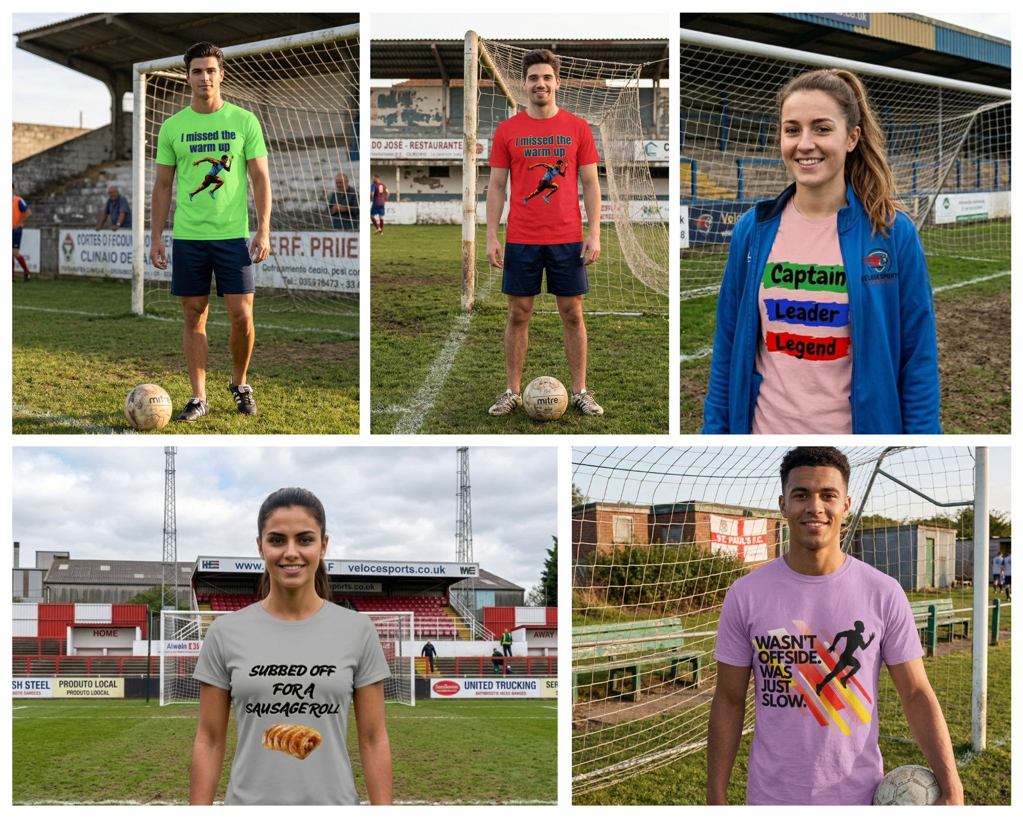 Collage of Veloce Sports apparel featuring grassroots football banter tees: 'I missed the warm up', 'Subbed off for a sausage roll', and 'Wasn't offside, was just slow'. Models posing on local football pitches showcasing vibrant neon, red, and purple Banter t-shirts.