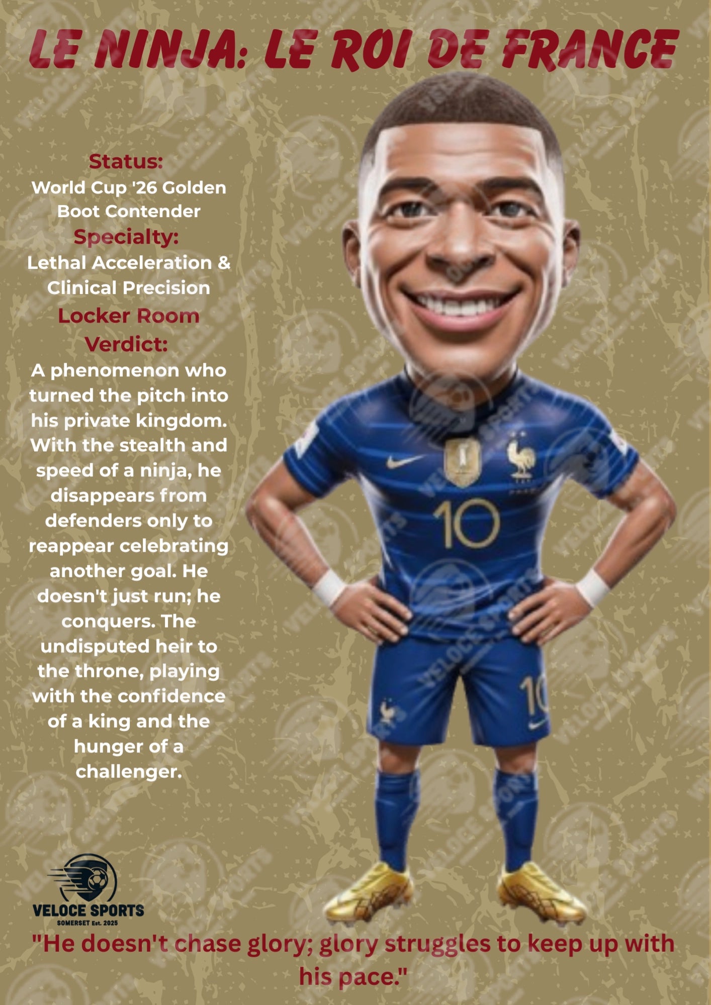 Mbappé 'Le Ninja' World Cup '26 Elite Digital Poster by Veloce Sports. High-definition France football wall art featuring the star forward on a premium Navy and Golden background. Optimized A4 PDF for print.