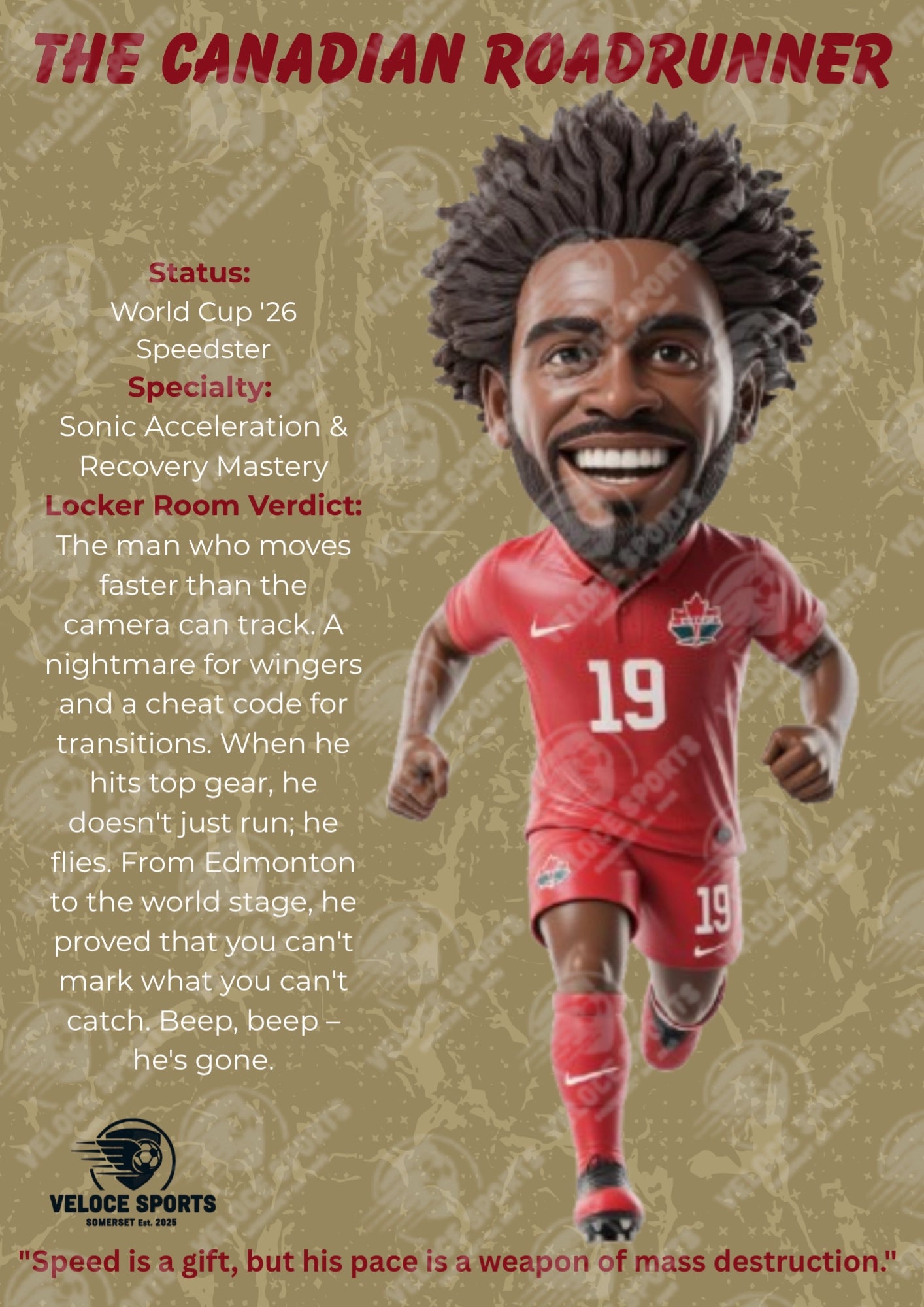 "Alphonso Davies 'The Canadian Roadrunner' World Cup '26 Elite Digital Poster by Veloce Sports. High-definition football wall art featuring the Canadian star on a premium Navy and Golden background. Optimized A4 PDF for print."
