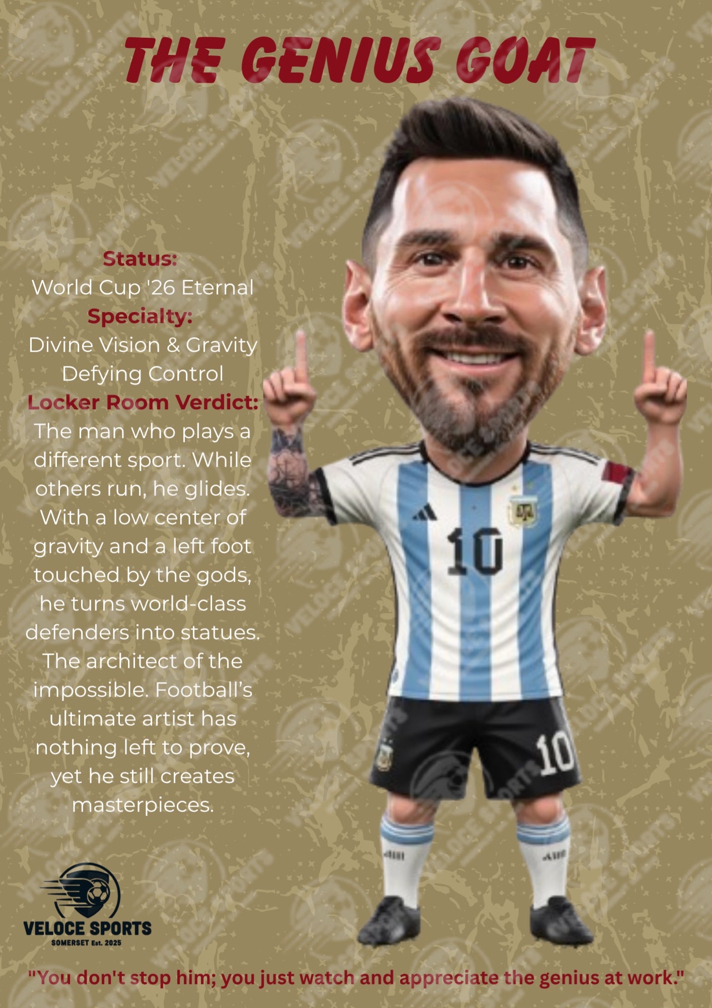 Lionel Messi 'The Genius GOAT' World Cup '26 Elite Digital Poster by Veloce Sports. High-definition football wall art featuring the legendary playmaker on a premium Navy and Golden background. Optimized A4 PDF for print.