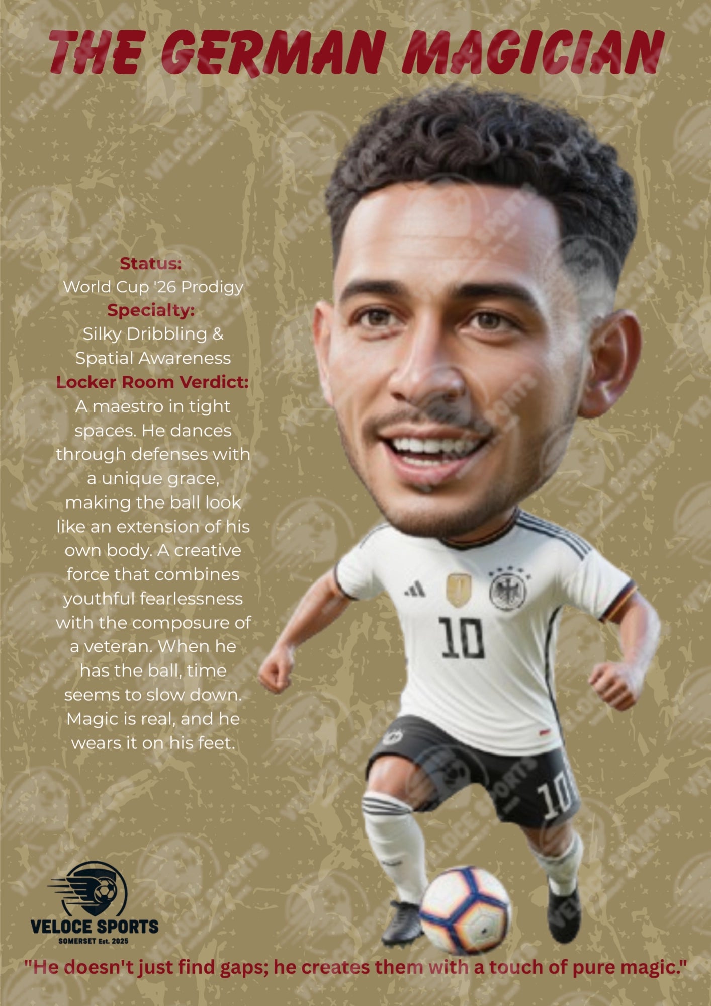 Jamal Musiala 'The German Magician' World Cup '26 Elite Digital Poster by Veloce Sports. High-definition football wall art featuring the star playmaker on a premium Navy and Golden background. Optimized A4 PDF for print.