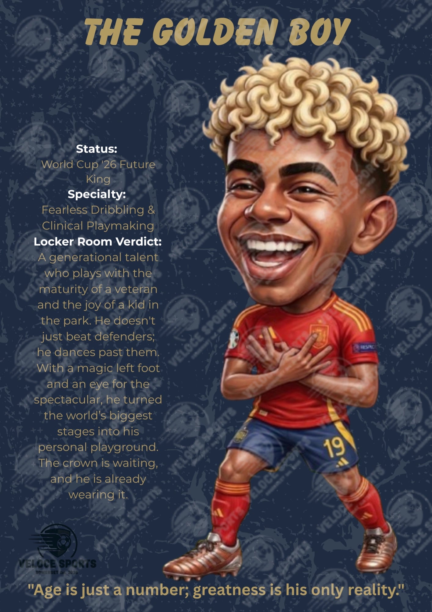Lamine Yamal 'The Golden Boy' World Cup '26 Elite Digital Poster by Veloce Sports. High-definition Spain football wall art featuring the star winger on a premium Navy and Golden background. Optimized A4 PDF for print.