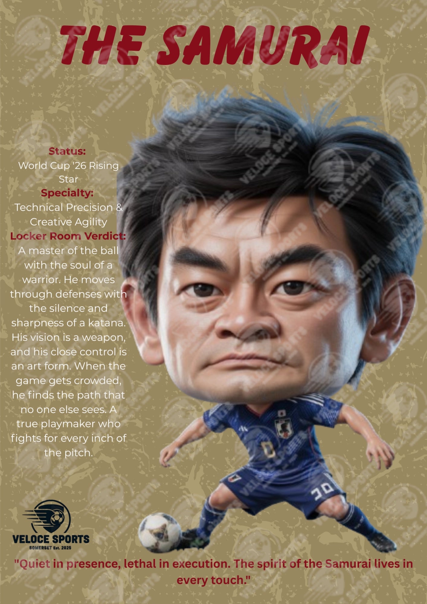 Takefusa Kubo World Cup '26 Elite Digital Poster by Veloce Sports. High-definition Japan football wall art featuring the Blue Samurai playmaker on a premium Navy and Golden background.