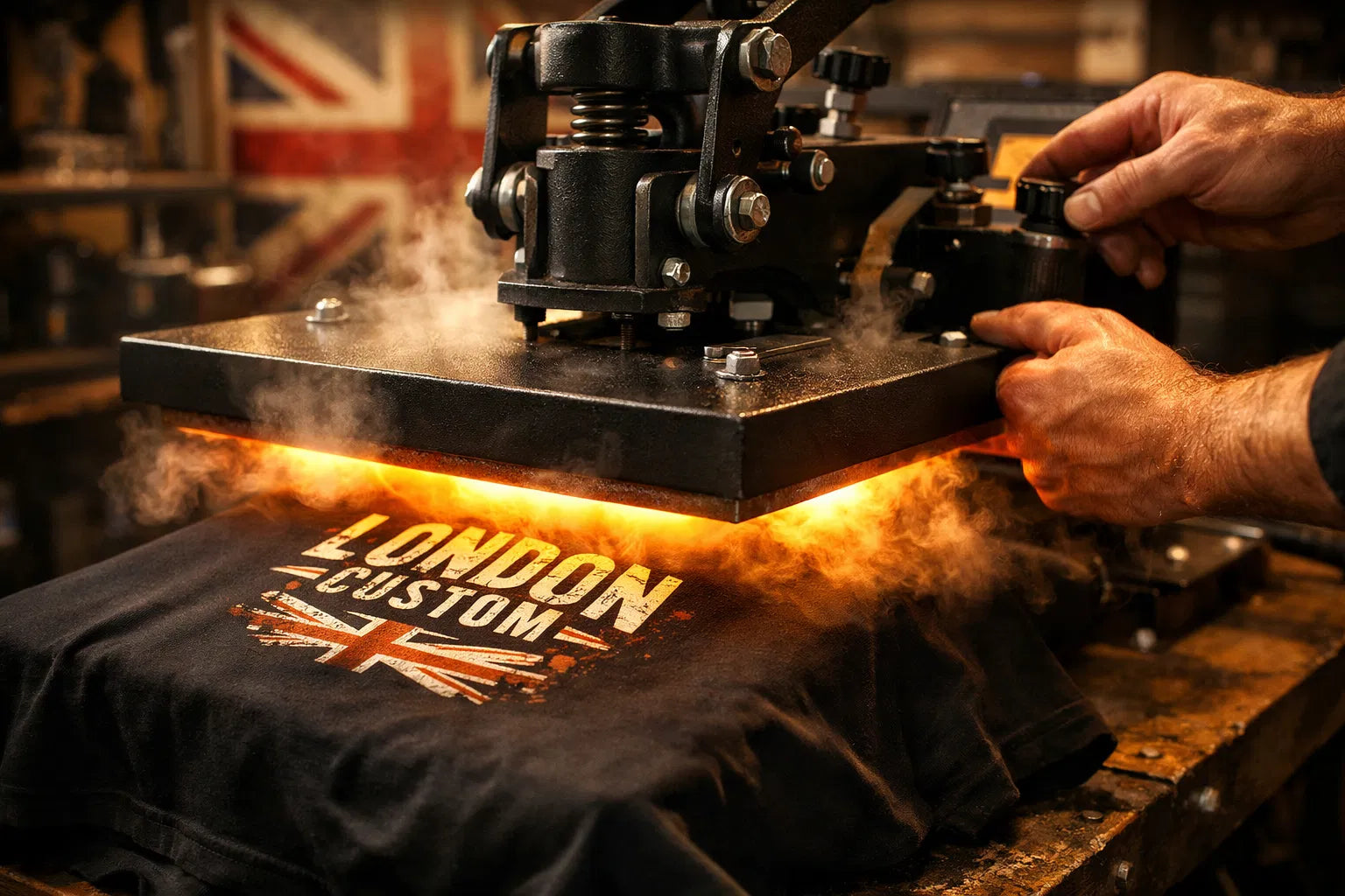 Close-up of a professional heat press machine printing a custom Veloce Sports t-shirt with steam and orange glow in a workshop.