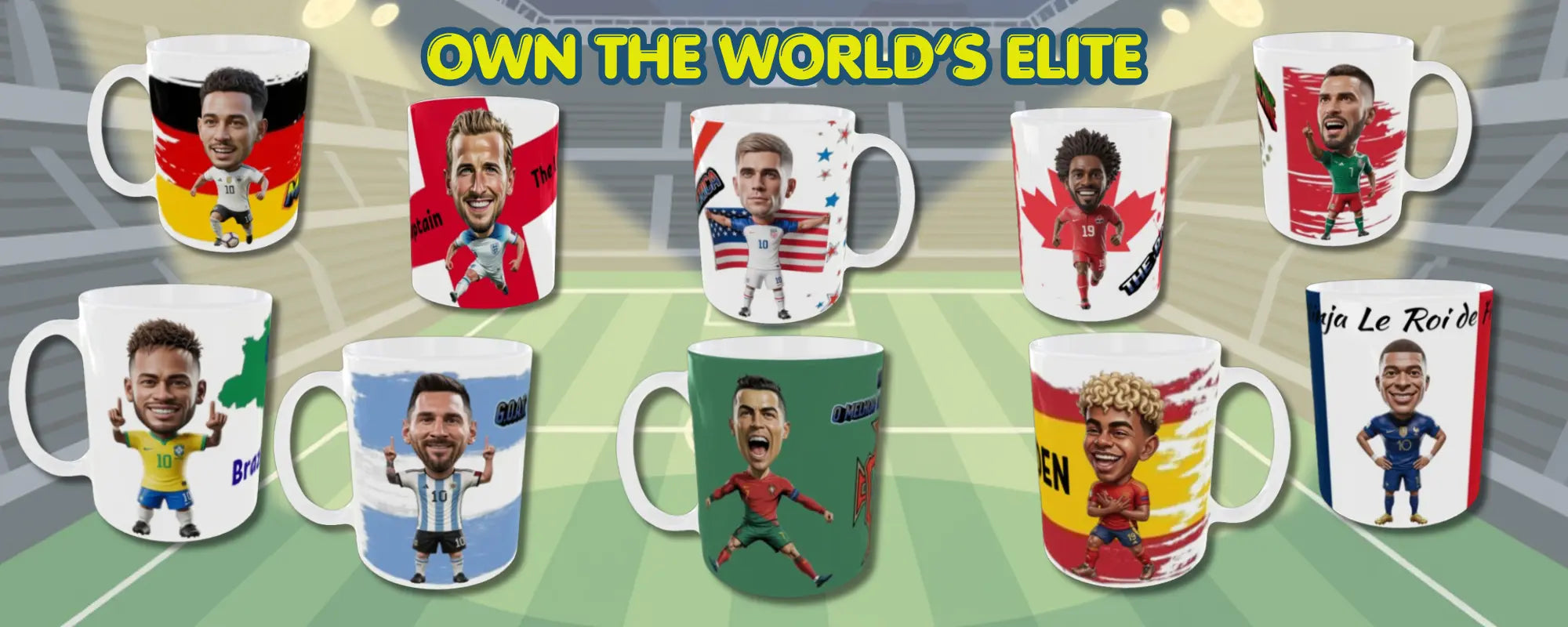 Exclusive 3D caricature football mugs collection for World Cup 2026 by Veloce Sports. Featuring elite global stars: Cristiano Ronaldo (The GOAT), Lionel Messi, Lamine Yamal, Santiago Giménez, and international icons in a stadium background. Premium collectible sports merchandise.